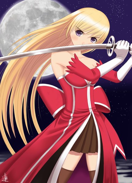 Anime picture 2125x2952 with xiao lian single long hair tall image highres blonde hair purple eyes signed zettai ryouiki girl thighhighs dress gloves weapon black thighhighs sword elbow gloves katana moon