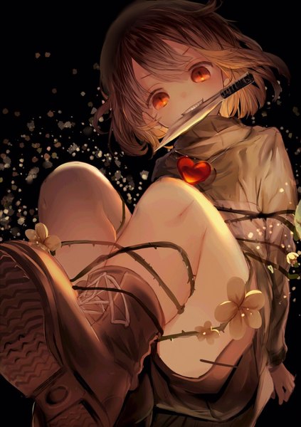 Anime picture 1444x2048 with undertale chara (undertale) iijima masashi single tall image looking at viewer fringe short hair simple background smile brown hair sitting holding orange eyes mouth hold black background soles hands behind back androgynous bound hands