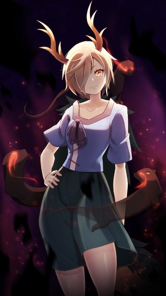Anime picture 563x1000 with touhou kicchou yachie otter spirit (touhou) z.o.b single tall image fringe short hair blonde hair red eyes standing horn (horns) hair over one eye hand on hip glowing glowing eye (eyes) bad anatomy girl skirt animal