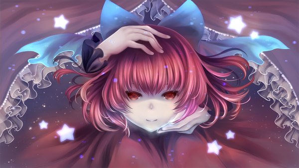 Anime picture 1920x1080 with touhou sekibanki megumi (piyo7piyo9) single looking at viewer fringe highres short hair smile red eyes wide image red hair disembodied head girl bow hair bow hands