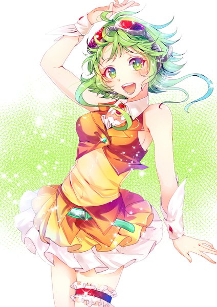 Anime picture 707x1000 with vocaloid gumi sazanami shione single tall image looking at viewer blush short hair open mouth bare shoulders green eyes ahoge green hair girl skirt miniskirt frills wrist cuffs goggles