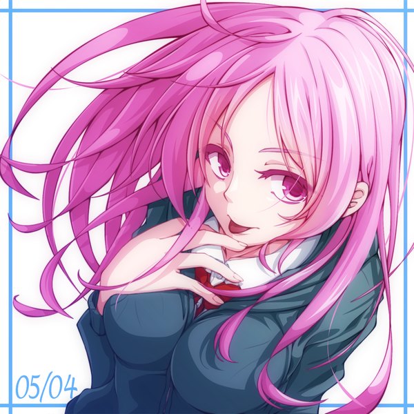 Anime picture 1000x1000 with kuroko no basket production i.g momoi satsuki yagisuke single long hair breasts light erotic simple background white background pink hair upper body pink eyes from above dated :p framed girl tongue hood