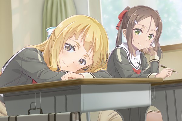 Anime picture 1200x800 with yuusha de aru yuuki yuuna wa yuusha de aru washio sumi wa yuusha de aru nogi sonoko miyoshi karin okutagon long hair looking at viewer fringe blonde hair smile brown hair sitting multiple girls brown eyes green eyes ponytail arm support girl uniform