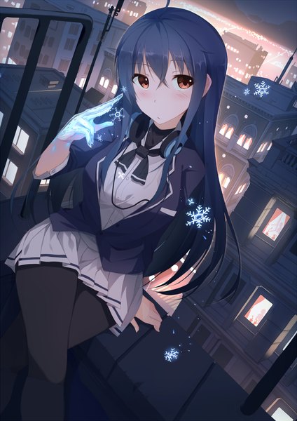 Anime picture 800x1131 with original riki-to single long hair tall image looking at viewer blush fringe hair between eyes sitting brown eyes blue hair pleated skirt from above arm support crossed legs city cityscape city lights headphones around neck