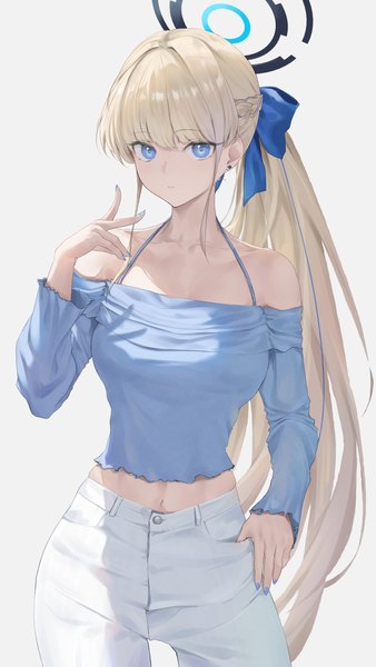 Anime picture 2305x4093 with blue archive toki (blue archive) renge (730) single long hair tall image looking at viewer fringe highres blue eyes simple background blonde hair hair between eyes white background bare shoulders ponytail nail polish midriff alternate costume hand on hip
