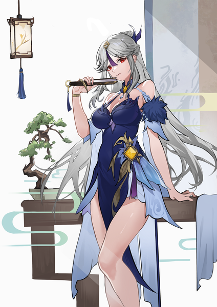 Anime picture 2480x3508 with genshin impact ningguang (genshin impact) ningguang (orchid's evening gown) (genshin impact) paradox single long hair tall image looking at viewer fringe highres breasts red eyes standing bare shoulders holding payot bent knee (knees) head tilt arm up grey hair
