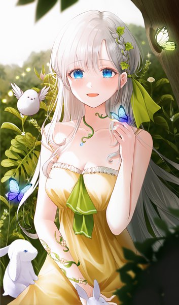 Anime picture 900x1531 with original hini ni single long hair tall image looking at viewer blush fringe breasts open mouth blue eyes smile sitting cleavage silver hair outdoors braid (braids) nail polish :d arm up