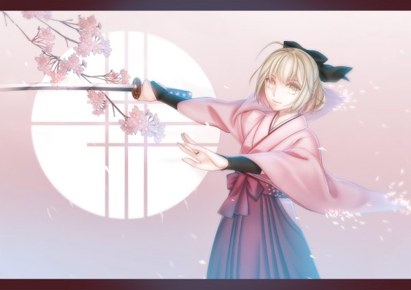 Anime picture 1200x849 with fate (series) type-moon artoria pendragon (all) saber nuruhachi single short hair blonde hair yellow eyes traditional clothes japanese clothes cherry blossoms miko girl flower (flowers) bow weapon plant (plants) hair bow petals