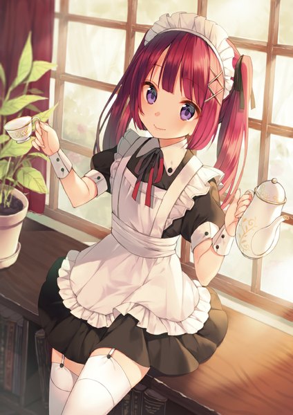 Anime picture 707x1000 with original midorikawa you long hair tall image blush purple eyes twintails red hair maid girl thighhighs dress uniform plant (plants) white thighhighs headdress maid headdress garter straps cup teapot