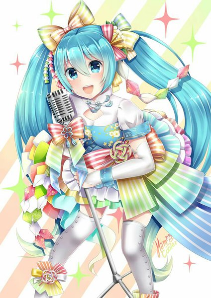 Anime-Bild 720x1018 mit vocaloid hatsune miku hamcooler single long hair tall image looking at viewer fringe open mouth hair between eyes twintails signed very long hair aqua eyes aqua hair sparkle singing girl thighhighs bow