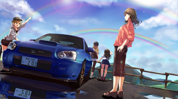 Anime picture 4096x2279 with original subaru (brand) funyariko long hair fringe highres short hair open mouth black hair blonde hair brown hair wide image standing multiple girls brown eyes absurdres sky cloud (clouds) full body outdoors