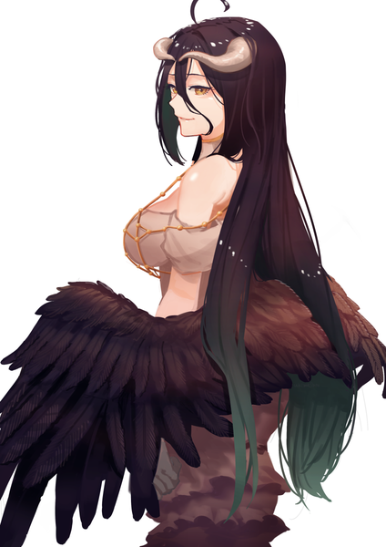 Anime picture 848x1200 with overlord (maruyama) madhouse albedo (overlord) ukimesato single long hair tall image looking at viewer fringe breasts light erotic black hair simple background smile hair between eyes standing white background yellow eyes ahoge looking back