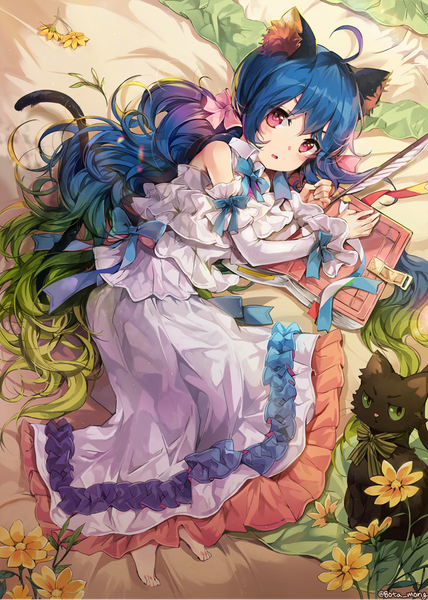 Anime picture 750x1051 with original bosack single long hair tall image looking at viewer animal ears blue hair full body ahoge tail lying animal tail pink eyes multicolored hair barefoot green hair cat ears cat girl cat tail