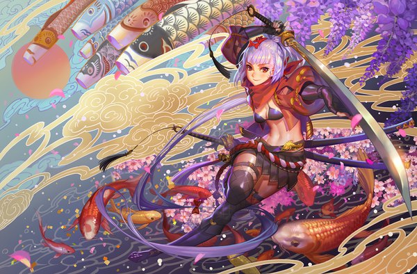 Anime picture 1600x1052 with original alphonse (white datura) single looking at viewer fringe light erotic red eyes purple hair full body ponytail blunt bangs very long hair nail polish cherry blossoms girl thighhighs skirt gloves flower (flowers) bow