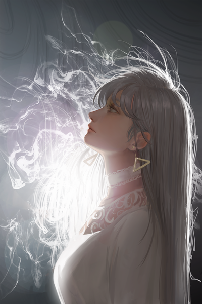Anime picture 3333x5000 with original usukuchi (impasto life) single long hair tall image fringe highres simple background hair between eyes standing absurdres upper body profile grey hair grey background grey eyes looking up smoke girl earrings