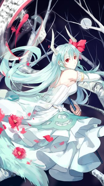 Anime picture 700x1244 with touhou kamishirasawa keine untitiled single long hair tall image breasts red eyes bare shoulders holding tail animal tail horn (horns) aqua hair night alternate costume bare back bare tree girl flower (flowers)