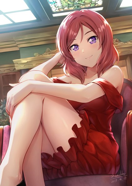 Anime picture 1411x1992 with love live! school idol project sunrise (studio) love live! nishikino maki shamakho single tall image looking at viewer blush fringe short hair breasts smile sitting purple eyes bare shoulders holding signed payot bent knee (knees)