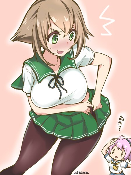 Anime picture 1200x1600 with kantai collection mutsu battleship mutsuki destroyer ryuki (ryukisukune) tall image blush fringe short hair breasts open mouth light erotic simple background smile hair between eyes brown hair large breasts multiple girls green eyes signed payot