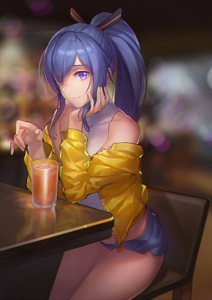 Anime picture 900x1273 with warship girls r shinano (warship girls r) qiongsheng single long hair tall image looking at viewer fringe sitting purple eyes bare shoulders blue hair ponytail indoors light smile blurry hair over one eye off shoulder open jacket bare legs