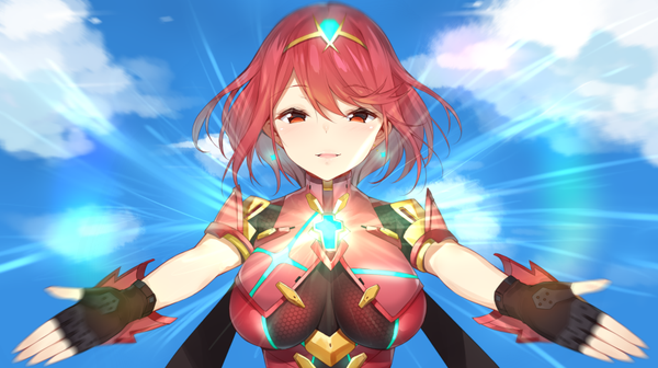 Anime picture 864x485 with xenoblade xenoblade 2 pyra (xenoblade) yappen single looking at viewer short hair breasts light erotic red eyes wide image large breasts sky cloud (clouds) red hair glowing spread arms girl gloves fingerless gloves