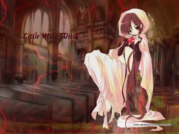 Anime picture 1024x768 with long hair brown hair girl hood apple little miss witch