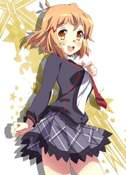 Anime picture 700x970 with senki zesshou symphogear satelight tachibana hibiki kurono yuzuko single tall image looking at viewer blush short hair open mouth blonde hair white background ahoge orange eyes girl uniform school uniform