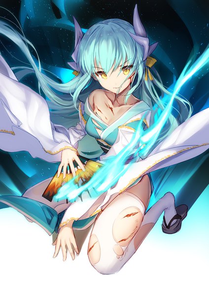 Anime picture 1000x1415 with fate (series) fate/grand order kiyohime (fate) bison cangshu single long hair tall image looking at viewer fringe breasts hair between eyes holding yellow eyes full body traditional clothes japanese clothes horn (horns) aqua hair off shoulder wide sleeves