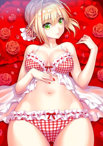 Anime picture 800x1130 with fate (series) fate/extra nero claudius (fate) (all) nero claudius (fate) nishimura eri single tall image looking at viewer fringe short hair breasts light erotic blonde hair large breasts bare shoulders green eyes payot cleavage lying braid (braids)