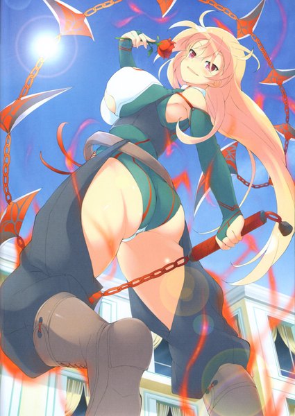 Anime picture 4656x6565 with senran kagura souji (senran kagura) yaegashi nan long hair tall image highres breasts light erotic blonde hair smile large breasts absurdres sky ass from behind sunlight scan official art from below looking down