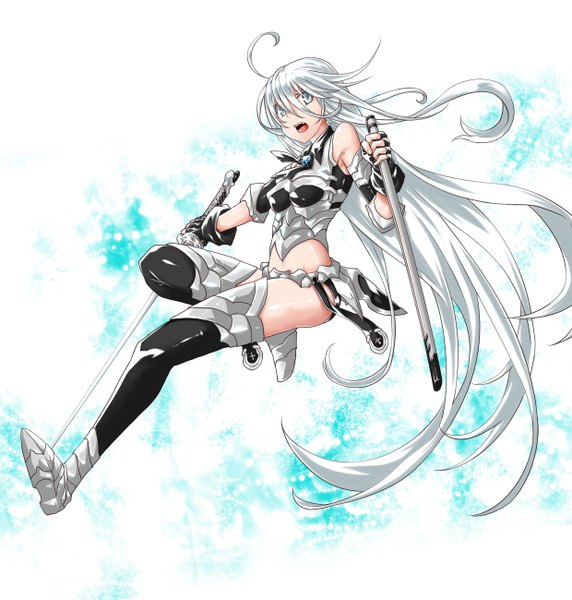 Anime picture 1240x1300 with original kaho single tall image fringe open mouth light erotic holding looking away silver hair ahoge very long hair silver eyes girl weapon sword armor katana sheath