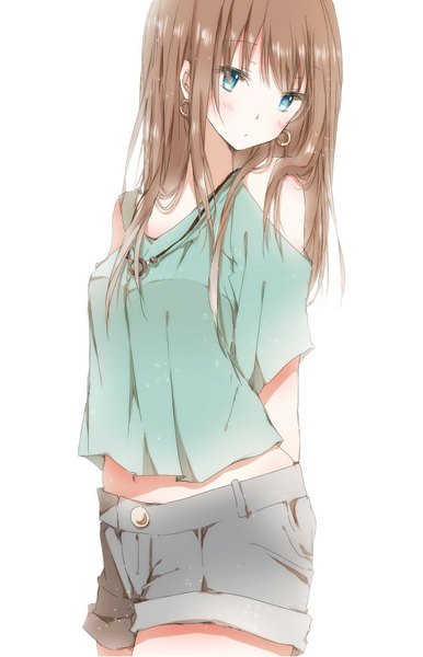 Anime picture 610x947 with original hiro (hirohiro31) single long hair tall image looking at viewer blush breasts blue eyes simple background brown hair white background bare shoulders head tilt arms behind head girl navel earrings shorts pendant