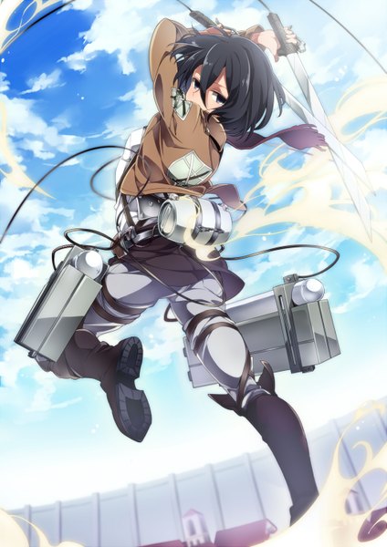 Anime picture 1041x1472 with shingeki no kyojin production i.g mikasa ackerman umiko (munemiu) single tall image looking at viewer short hair black hair holding cloud (clouds) black eyes dual wielding battle girl weapon sword belt thigh strap thigh boots