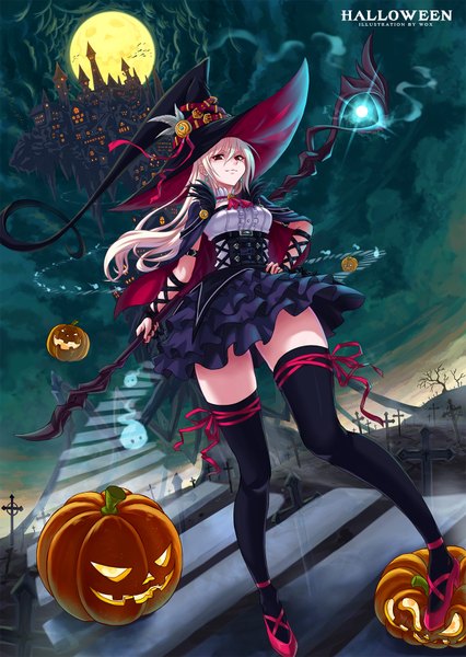 Anime picture 1258x1772 with original wox single long hair tall image looking at viewer red eyes white hair halloween witch girl thighhighs dress black thighhighs hat animal moon witch hat staff jack-o'-lantern