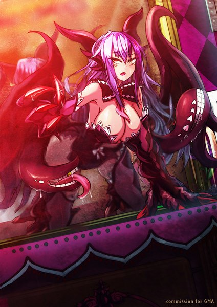 Anime picture 724x1024 with monster girl encyclopedia rocknroll (artist) single long hair tall image blush fringe breasts open mouth light erotic red eyes large breasts purple hair horn (horns) monster girl girl bow claws