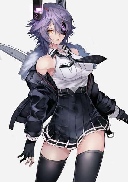 Anime picture 1446x2048 with kantai collection tenryuu light cruiser yoshio (55level) single tall image looking at viewer fringe short hair breasts simple background smile hair between eyes large breasts standing white background bare shoulders holding yellow eyes purple hair parted lips