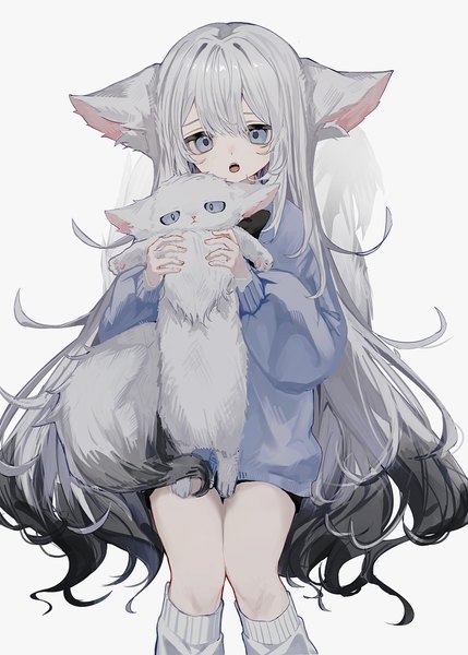 Anime picture 2862x4000 with original shou (mori boro) single long hair tall image fringe highres open mouth blue eyes simple background hair between eyes white background holding animal ears silver hair :o wolf ears wolf girl girl animal