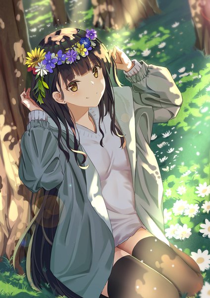 Anime picture 1300x1838 with original mobu (wddtfy61) single long hair tall image looking at viewer blush fringe breasts black hair smile sitting yellow eyes outdoors blunt bangs long sleeves from above sunlight arms up open jacket