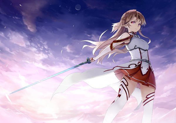 Anime picture 1000x700 with sword art online a-1 pictures yuuki asuna kyokucho single long hair red eyes brown hair sky cloud (clouds) girl thighhighs skirt weapon detached sleeves miniskirt white thighhighs sword