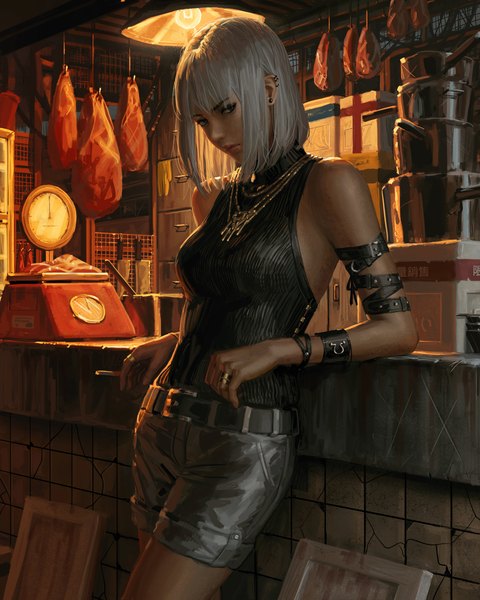 Anime picture 3500x4375 with original guweiz single tall image looking at viewer fringe highres short hair standing holding brown eyes absurdres silver hair indoors blunt bangs lips realistic sleeveless piercing ear piercing