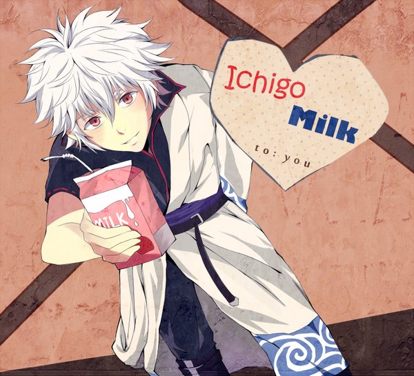 Anime picture 1440x1309 with gintama sunrise (studio) sakata gintoki saik (pixiv2239866) single blush short hair red eyes white hair japanese clothes inscription outstretched arm boy heart milk