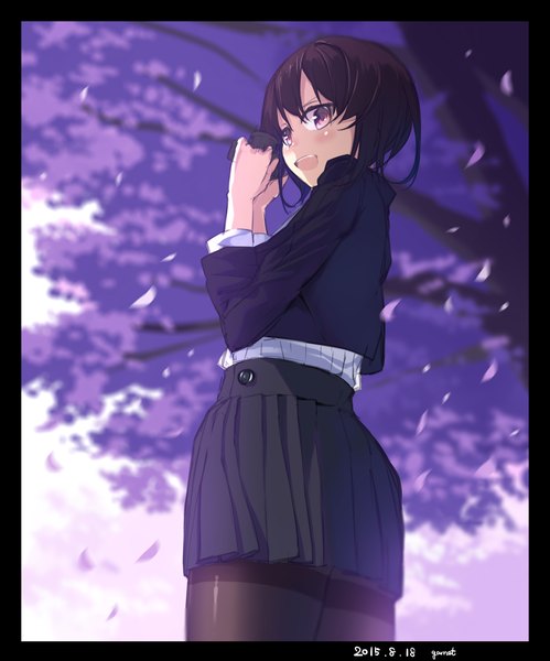 Anime picture 1180x1418 with original garnet (artist) single tall image looking at viewer blush short hair open mouth black hair standing holding signed pleated skirt pink eyes cherry blossoms border dated happy girl skirt
