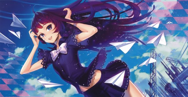 Anime picture 5075x2608 with book of pictures (artbook) midori foo single long hair highres open mouth blue eyes wide image absurdres sky purple hair cloud (clouds) pleated skirt city cityscape hand on head multicolored eyes girl skirt bow