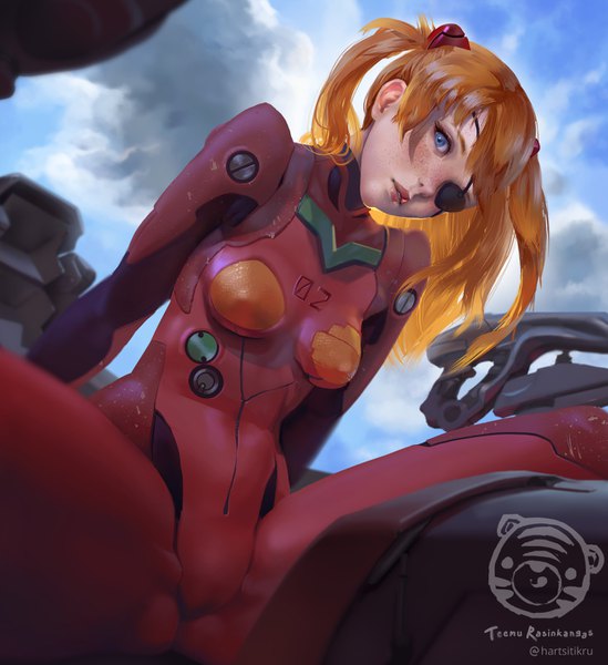 Anime picture 1282x1400 with neon genesis evangelion gainax soryu asuka langley teemu taiga single long hair tall image looking at viewer fringe breasts blue eyes light erotic sitting twintails signed sky cloud (clouds) nipples head tilt lips