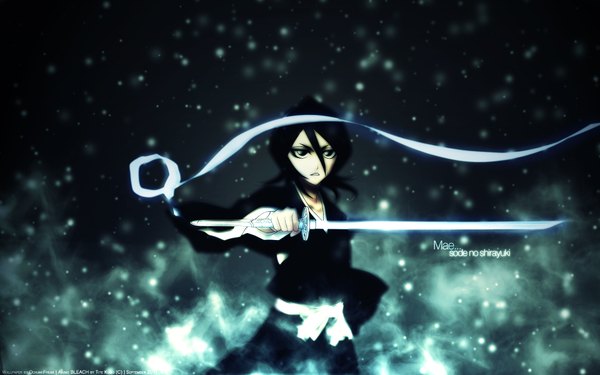 Anime picture 1920x1200 with bleach studio pierrot kuchiki rukia highres short hair open mouth black hair wide image traditional clothes japanese clothes black eyes inscription wallpaper sad shinigami girl ribbon (ribbons) weapon sword belt
