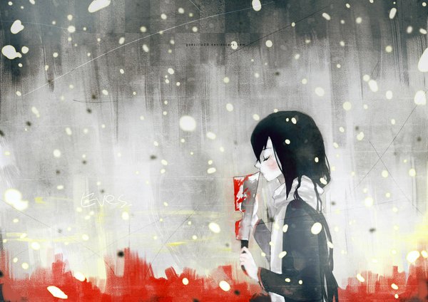 Anime picture 1024x724 with original godzilla23 (artist) single black hair pale skin girl weapon scarf blood axe