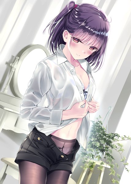 Anime picture 1276x1789 with original kobayashi chisato single tall image looking at viewer blush fringe short hair breasts light erotic smile standing brown eyes cleavage purple hair indoors blunt bangs long sleeves dutch angle one side up