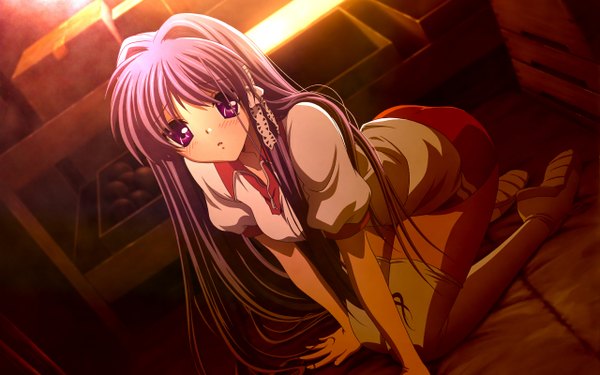 Anime picture 2560x1600 with clannad key (studio) fujibayashi kyou ikeda kazumi single long hair looking at viewer blush highres wide image purple eyes pink hair purple hair indoors on all fours third-party edit gym storeroom girl thighhighs uniform
