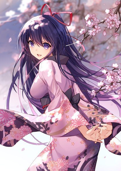 Anime picture 1000x1415 with date a live yatogami tooka bison cangshu single long hair tall image looking at viewer blush fringe open mouth hair between eyes purple eyes purple hair ponytail traditional clothes japanese clothes wind wide sleeves depth of field cherry blossoms