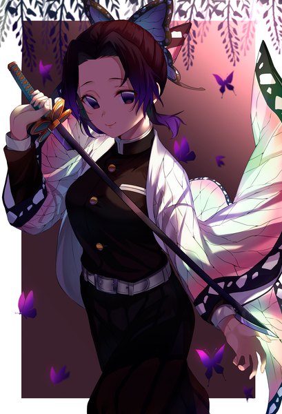 Anime picture 2729x4000 with kimetsu no yaiba ufotable kochou shinobu jun (aousa0328) single tall image looking at viewer highres short hair black hair simple background smile purple eyes payot traditional clothes japanese clothes border animal print butterfly print girl