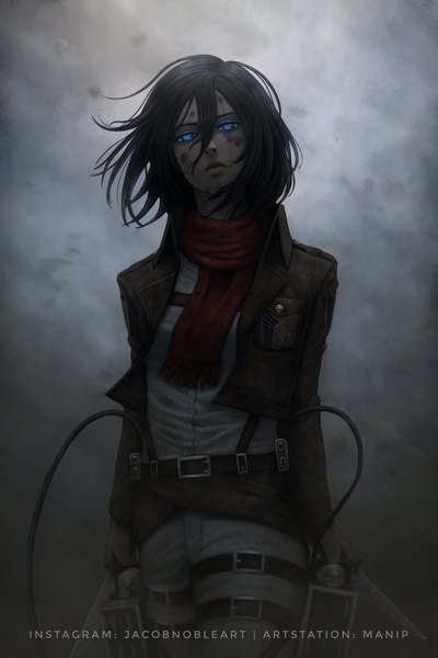 Anime picture 3840x5761 with shingeki no kyojin production i.g mikasa ackerman manip21 single tall image looking at viewer fringe highres short hair blue eyes black hair hair between eyes holding signed absurdres long sleeves head tilt wind open jacket
